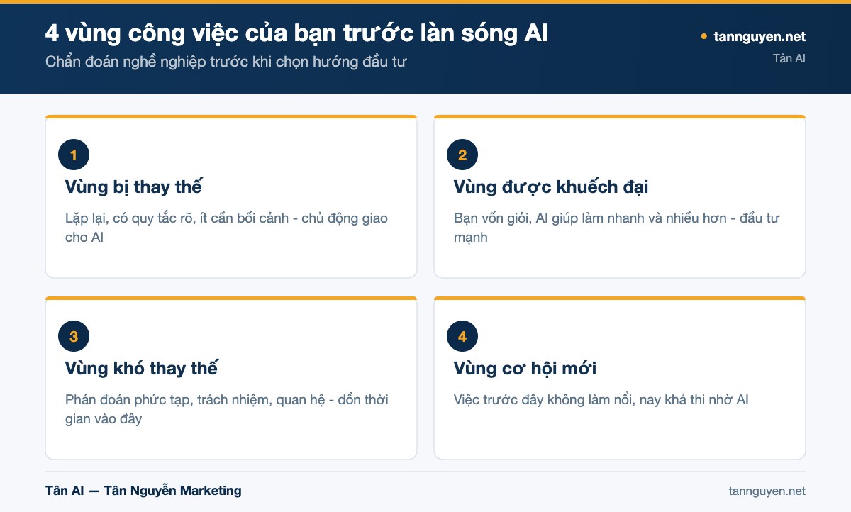 4 vùng công việc của bạn trước làn sóng AI - sơ đồ minh họa của Tân AI (tannguyen.net)