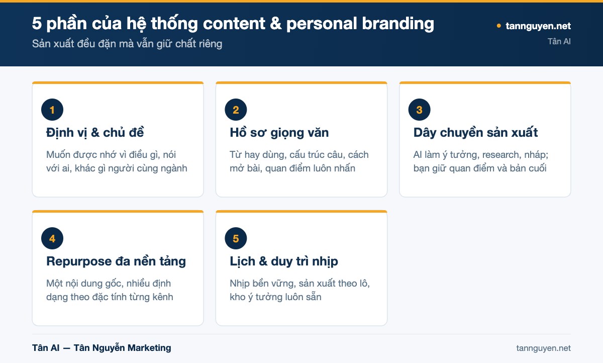 5 phần của hệ thống content & personal branding - sơ đồ minh họa của Tân AI (tannguyen.net)