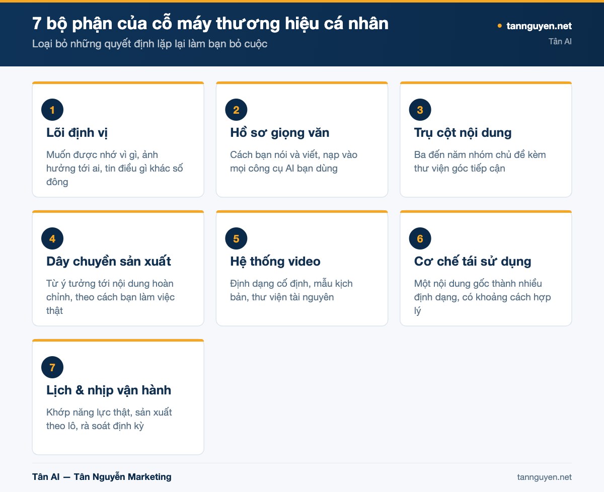7 bộ phận của cỗ máy thương hiệu cá nhân - sơ đồ minh họa của Tân AI (tannguyen.net)