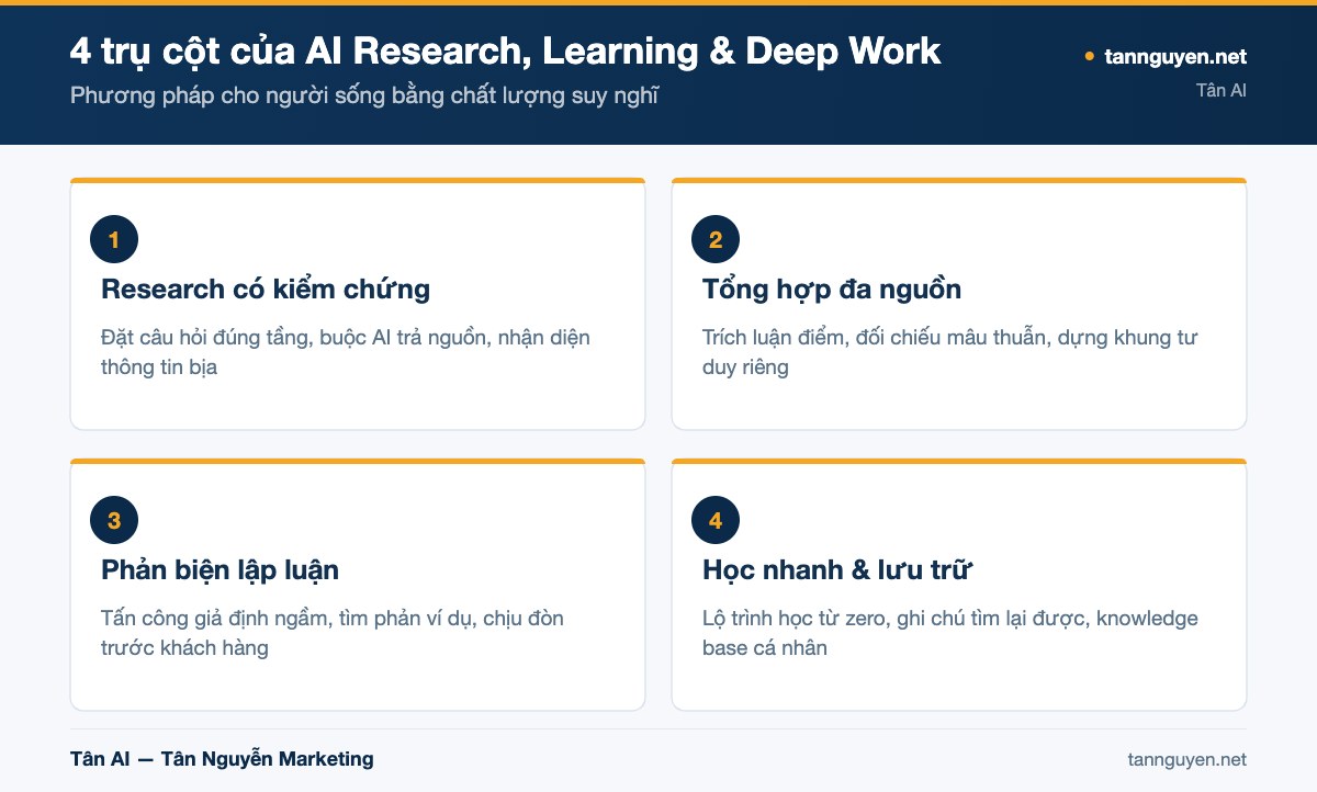 4 trụ cột của AI Research, Learning & Deep Work - sơ đồ minh họa của Tân AI (tannguyen.net)