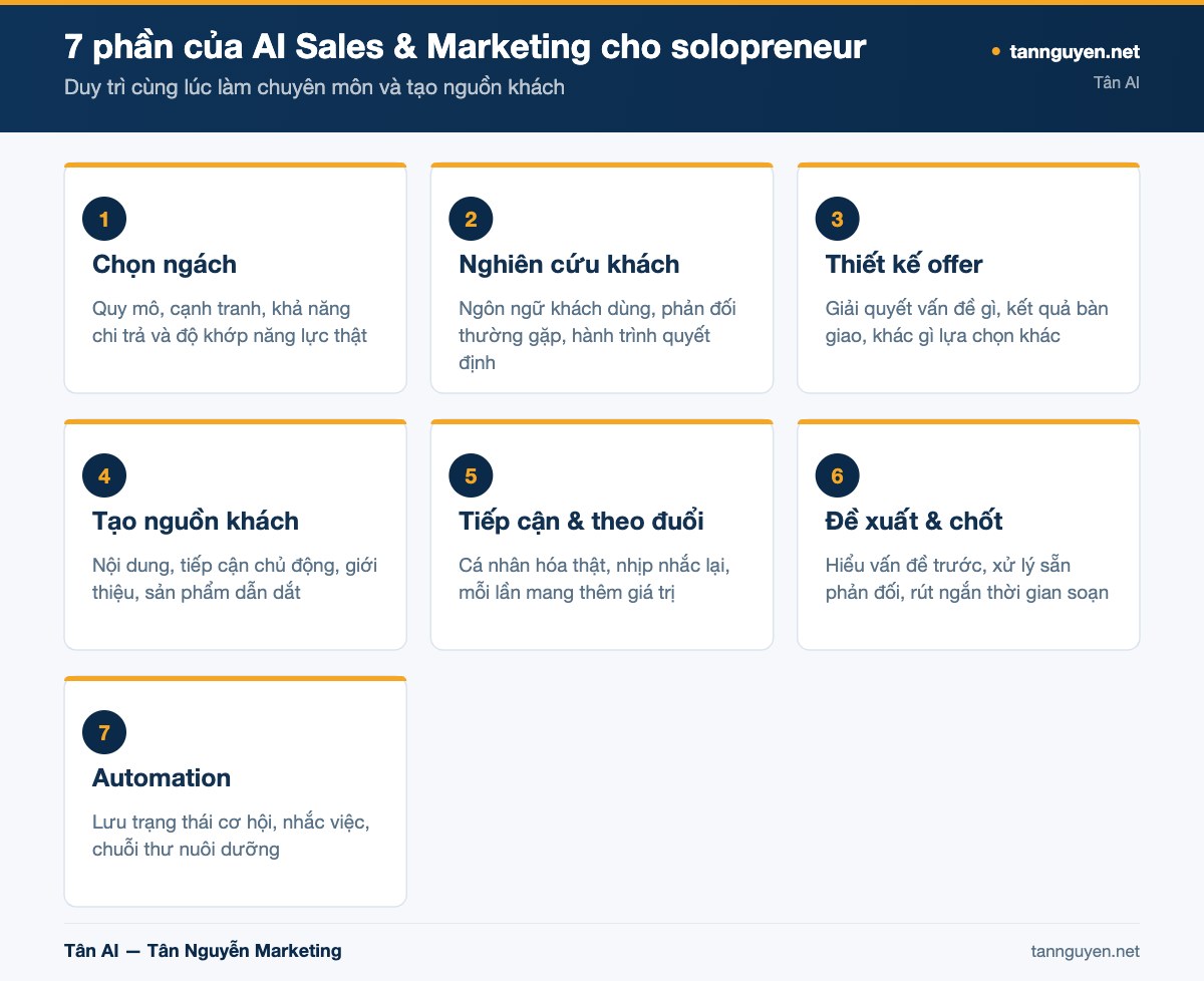 7 phần của AI Sales & Marketing cho solopreneur - sơ đồ minh họa của Tân AI (tannguyen.net)