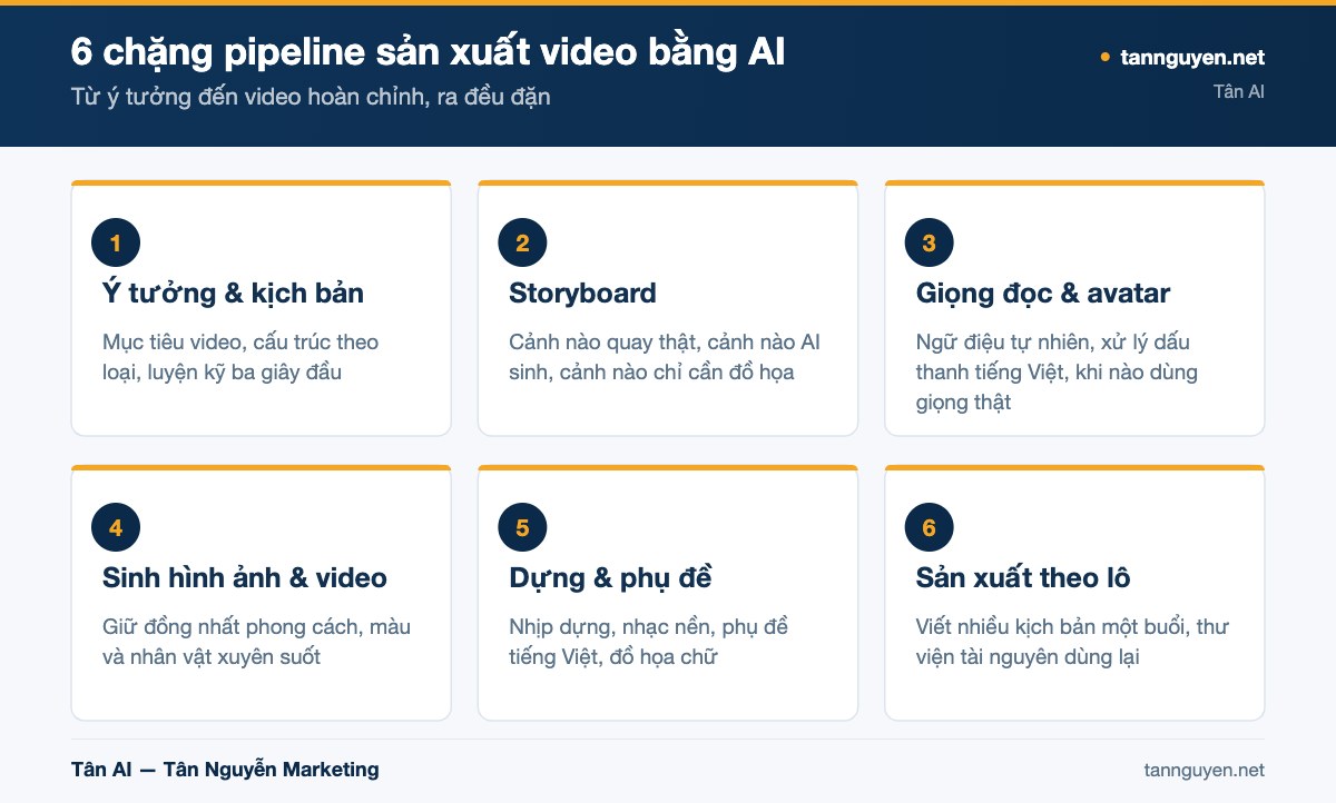 6 chặng pipeline sản xuất video bằng AI - sơ đồ minh họa của Tân AI (tannguyen.net)