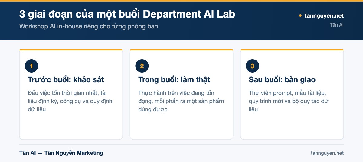 3 giai đoạn của một buổi Department AI Lab - sơ đồ minh họa của Tân AI (tannguyen.net)