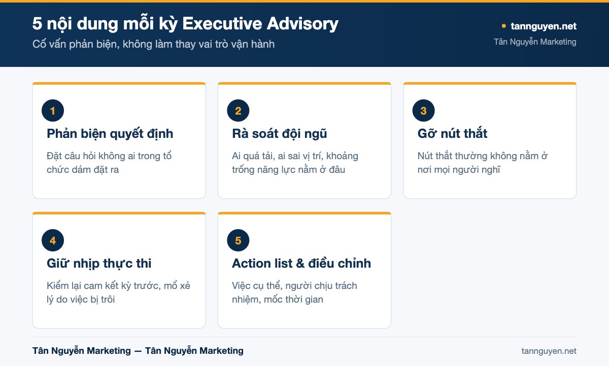 5 nội dung mỗi kỳ Executive Advisory - sơ đồ minh họa của Tân Nguyễn Marketing (tannguyen.net)
