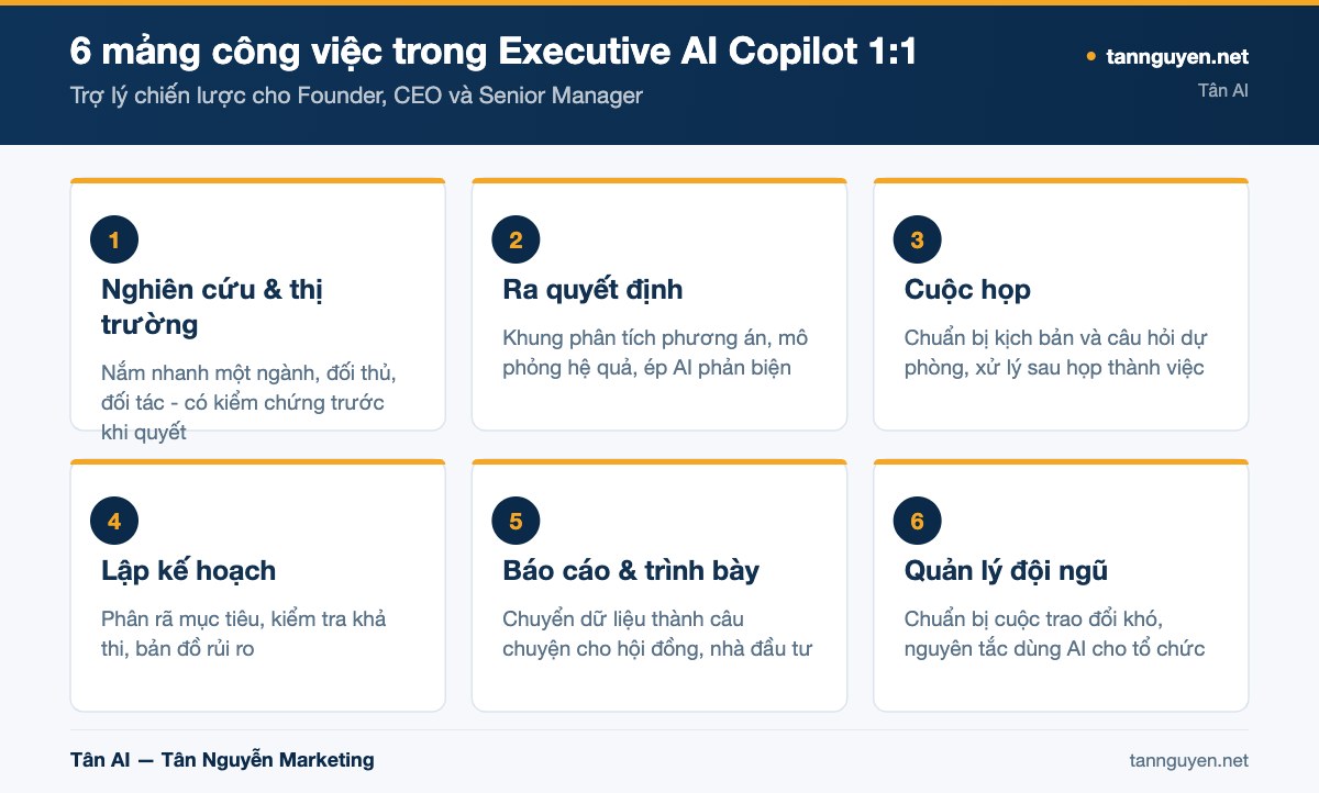 6 mảng công việc trong Executive AI Copilot 1:1 - sơ đồ minh họa của Tân AI (tannguyen.net)