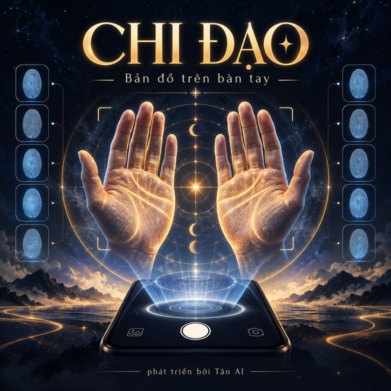 Hình minh họa Chi Đạo với hai bàn tay, đường chỉ tay và dấu vân tay trên điện thoại