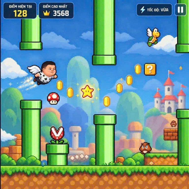 Flappy Fat nhân vật bay giữa các ống chướng ngại vật, có điểm số và vật phẩm