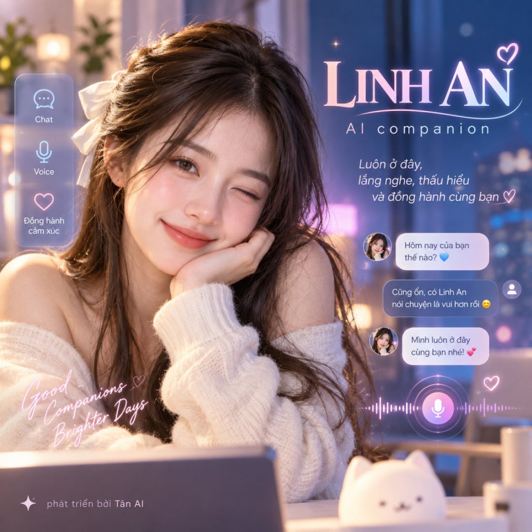 Nhân vật Linh An AI Companion mỉm cười bên khung trò chuyện AI