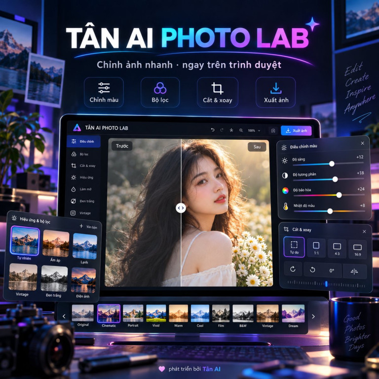 Giao diện Tân AI Photo Lab chỉnh ảnh trên trình duyệt với bộ lọc và thanh chỉnh màu