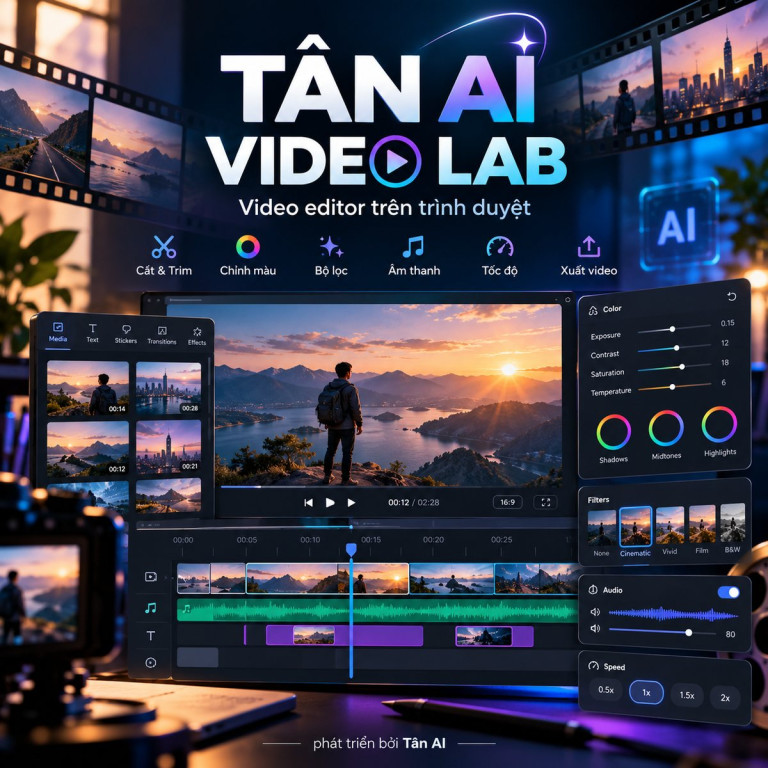 Giao diện Tân AI Video Lab dựng video với timeline và bảng chỉnh màu