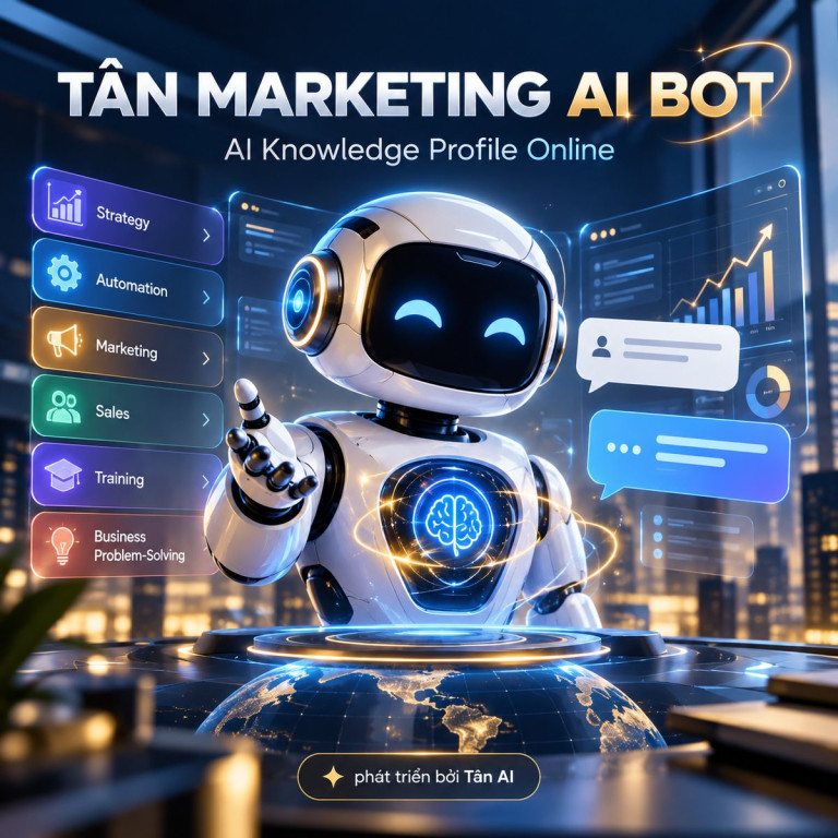 Robot Tân Marketing AI Bot cùng các nhóm Strategy, Automation, Marketing, Sales, Training