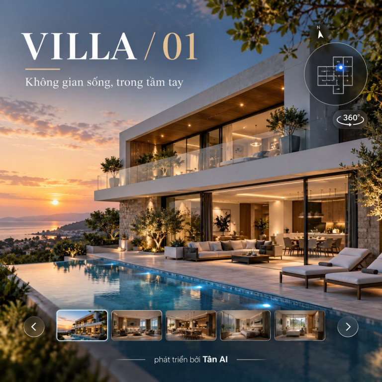 VILLA / 01 biệt thự hai tầng có hồ bơi nhìn từ góc hoàng hôn